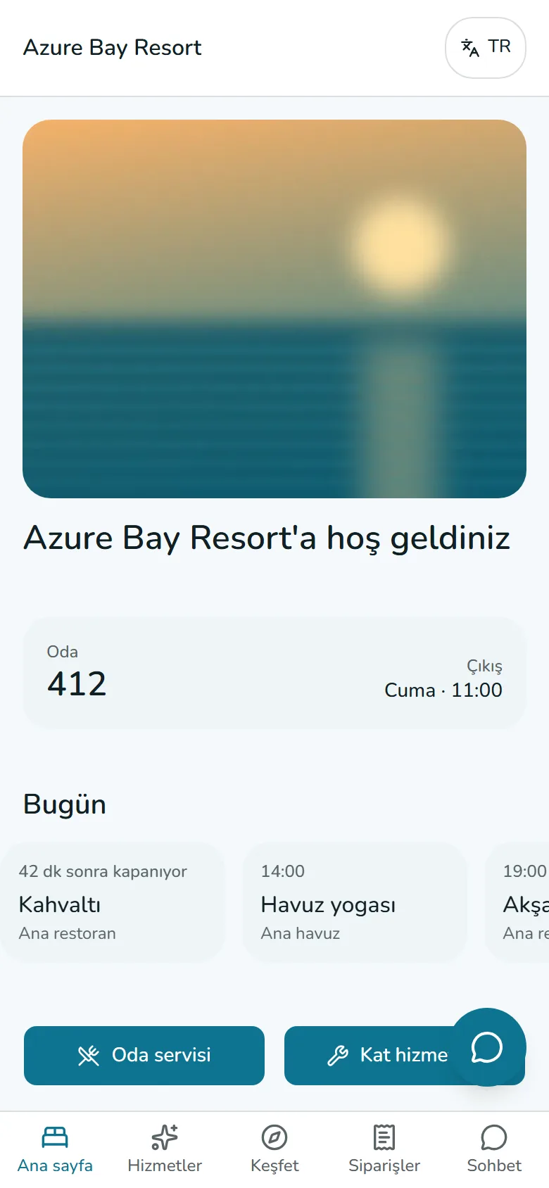 Misafirin ana sayfası: otel fotoğrafı, oda 412, çıkış Cuma 11:00, bugünün programı, Oda servisi ve Kat hizmetleri düğmeleri