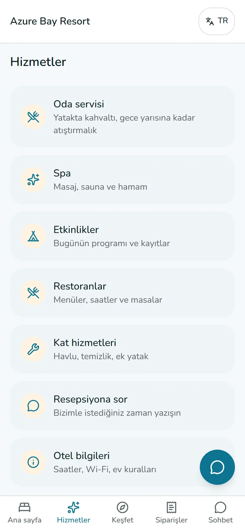 Hizmetler ekranı: Oda servisi, Spa, Etkinlikler, Restoranlar, Kat hizmetleri, Resepsiyona sor, Otel bilgileri